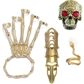 Skeleton Hand Bracelet Metal Skull Bracelet with Snake Ring Punk Wristband Cosplay Halloween Jewelry