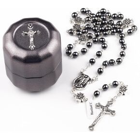 HanlinCC St.Michael Catholic Rosary Necklace Hematite Stone Beads with Metal Cross Glory Beads for Men and Women in Metal Box