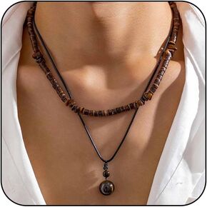 Layered Puka Shell Necklace for Men Brown Coconut Wood Beads Necklace Boho Mens Summer Necklace Surfer Beach Necklace Jewelry