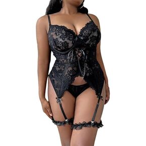 Exquisite Plus Size Floral Lace Lingerie Set with Garter - Sensual Elegance and Alluring Charm