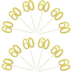 12pcs Gold 60th Centerpieces Sticks Number 60 Birthday Cake Topper Flower Toppers, Glitter 60th Centerpiece for Wedding Anniversary Party Decorations Supplies