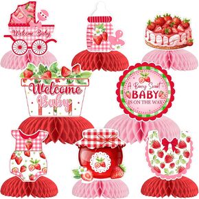 Sursurprise Strawberry Baby Shower Decorations, 8 Pieces Strawberry Honeycomb Centerpieces, A Berry Sweet Baby Is On The Way Table Topper Decor for Girls Fruit Themed Party Supplies