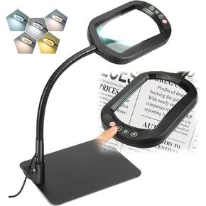 Veemagni 10X Rectangle Magnifying Glass with Light and Stand, Flexible Gooseneck LED Lighted Desk Lamp, 5 Color Modes Stepless Dimmable, Hands Free Magnifier for Reading Crafts Painting Close Work