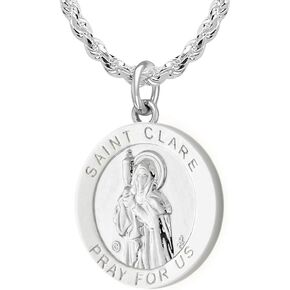 US Jewels and Gems 3/4in 925 Sterling Silver Polished Finish Saint St Clare Medal Pendant Necklace