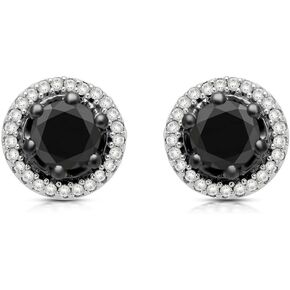 Jewelili Sterling Silver 1 Cttw Treated Black and Natural White Round Diamonds Halo Stud Earrings