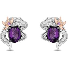 Jewelili Enchanted Disney Fine Jewelry Black Rhodium Over Sterling Silver and 10K Rose Gold with 1/10 CTTW White Diamond and Amethyst Ariel Stud Earrings