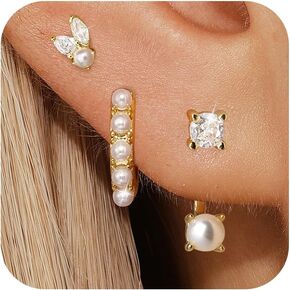 Angelady Pearl Earrings Set for Women, Trendy Pearl Stud Hoop Earrings Stacks Gold, Dainty Pearl Earrings Jewelry for Women