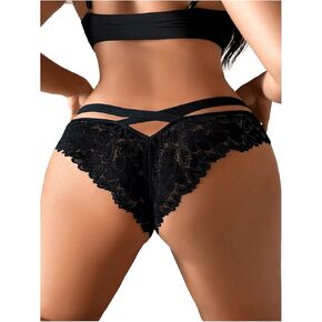 OYOANGLE Women's Plus Size Criss Cross Sheer Mesh Lace Panties Frill Trim Briefs Underwear