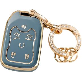 Key Fob Cover Compatible with Chevy Chevrolet Suburban Tahoe GMC Terrain Yukon Yukon XL Smart 6 Buttons TPU Remote Keyless Key Fob Case Protection Shell Accessories Black with Metal Keychain