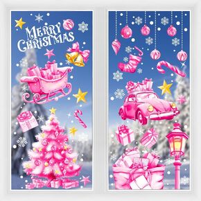 LOKIPA Christmas Window Clings, 261PCS Pink Christmas Snowflake Window Clings Stickers for Glass Xmas Window Decals Double Sided for Christmas Window Decorations(8 Sheets)