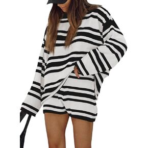 Tankaneo Womens Striped Sweater Set 2 Piece Oversized Outfits Long Sleeve Knit Top Matching Shorts Lounge Sets