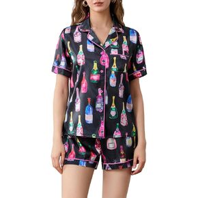 Women Champagne Bottle Pajamas Set Y2k Printed Button Down Shirt and Shorts Sleepwear 2 Piece Pjs Set