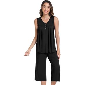 NACHILA Pajamas for Women-Viscose Made from Bamboo, Soft Sleeveless Pjs Tank Top with Capri Pajama Set Cool Pleated Sleepwear