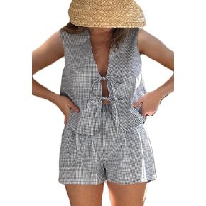 Women 2 Piece Gingham Lounge Sets Y2k Tie Front Vest Top Plaid Boxer Shorts Matching Pj 2pcs Pajamas Sets