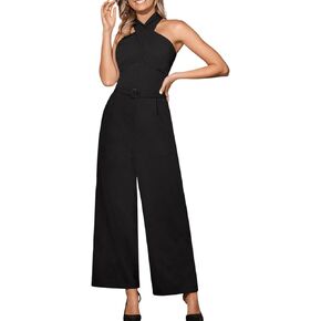 CUPSHE Maxi Jumpsuit for Women Crossover Halter Neck Smocked Waist Belt Straight Leg with Pockets Fall Overall Romper