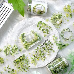 2m/Roll Floral Washi Tape Green Botanical Plant Washi Tape Stickers for Journaling Transparent Flower Washi Tapes PET Tape Washy Tape Decorative Masking Tape Decorative Tape for Crafts Scrapbooking