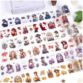 Book Reading Sticker Lady Character Theme PET Tape Set Stickers for Journaling and Scrapbooking, Transparent Decorative Tape for Crafts, Junk Journal Supplies