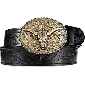 Western Belts Cowboy Cowgirl Belt for Men Woman, Embossed Western Country Bull Buckle Leather Belts for Jeans