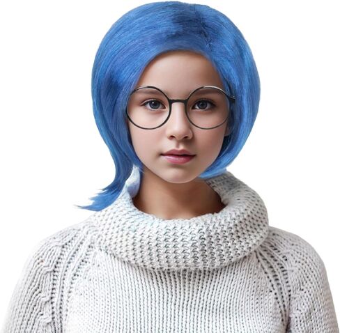 Yan Dream Child Kids Short Blue Wig with Black Glasses Cosplay Wig Party in Saudi Arabia