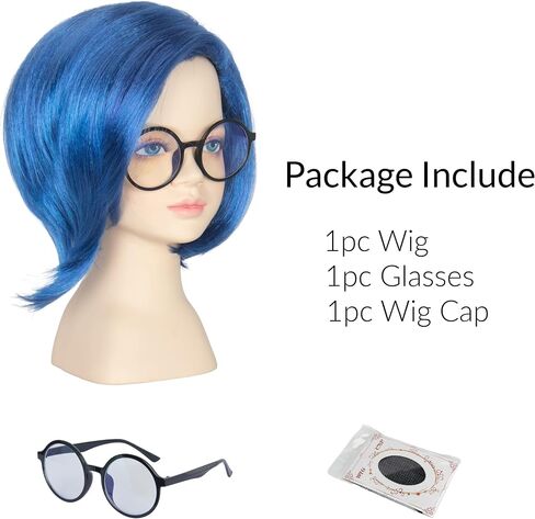 Yan Dream Child Kids Short Blue Wig with Black Glasses Cosplay Wig Party in Saudi Arabia