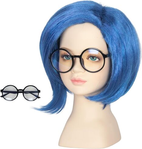 Yan Dream Child Kids Short Blue Wig with Black Glasses Cosplay Wig Party in Saudi Arabia