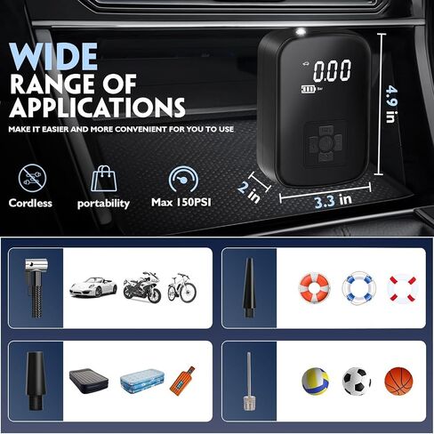 Tire Inflator Air Compressor, 150PSI Portable Rechargeable Pump for Car Tires, Cordless Tire Pump with Digital Pressure Gauge for Car, Bike, Motorcycle, Ball, Hold Memory Setting Function in Saudi Arabia
