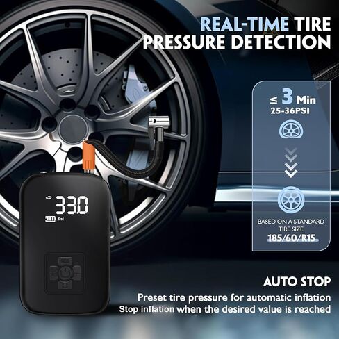Tire Inflator Air Compressor, 150PSI Portable Rechargeable Pump for Car Tires, Cordless Tire Pump with Digital Pressure Gauge for Car, Bike, Motorcycle, Ball, Hold Memory Setting Function in Saudi Arabia