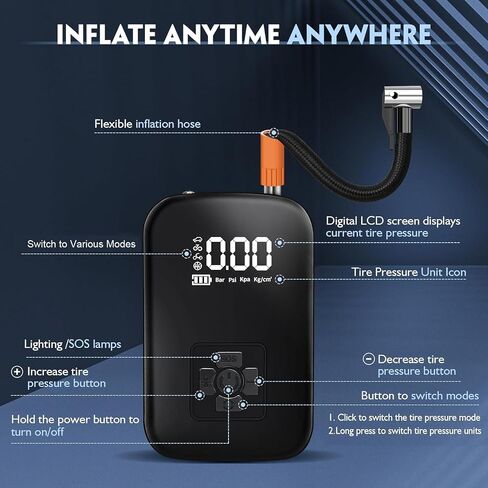 Tire Inflator Air Compressor, 150PSI Portable Rechargeable Pump for Car Tires, Cordless Tire Pump with Digital Pressure Gauge for Car, Bike, Motorcycle, Ball, Hold Memory Setting Function in Saudi Arabia