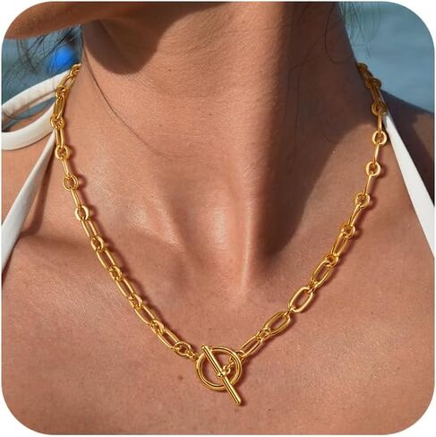 Gold Necklace for Women, 14K Gold Plated Chain Necklace Dainty Choker Necklace for Women Trendy Chunky Pendant Necklaces Layering Toggle T-bar Clasp Link Chain Necklace Jewelry in Saudi Arabia
