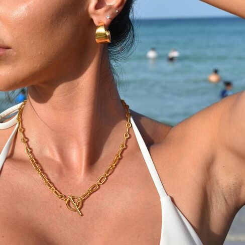 Gold Necklace for Women, 14K Gold Plated Chain Necklace Dainty Choker Necklace for Women Trendy Chunky Pendant Necklaces Layering Toggle T-bar Clasp Link Chain Necklace Jewelry in Saudi Arabia