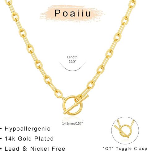 Gold Necklace for Women, 14K Gold Plated Chain Necklace Dainty Choker Necklace for Women Trendy Chunky Pendant Necklaces Layering Toggle T-bar Clasp Link Chain Necklace Jewelry in Saudi Arabia