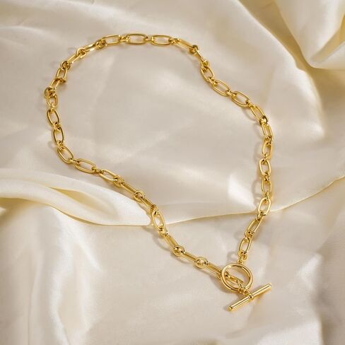 Gold Necklace for Women, 14K Gold Plated Chain Necklace Dainty Choker Necklace for Women Trendy Chunky Pendant Necklaces Layering Toggle T-bar Clasp Link Chain Necklace Jewelry in Saudi Arabia