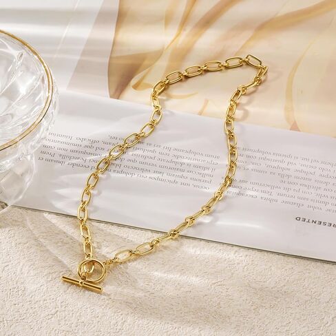 Gold Necklace for Women, 14K Gold Plated Chain Necklace Dainty Choker Necklace for Women Trendy Chunky Pendant Necklaces Layering Toggle T-bar Clasp Link Chain Necklace Jewelry in Saudi Arabia