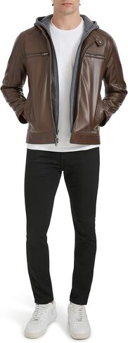 Kenneth Cole Men's Faux Leather Moto with Jersey Attached Hood in Saudi Arabia