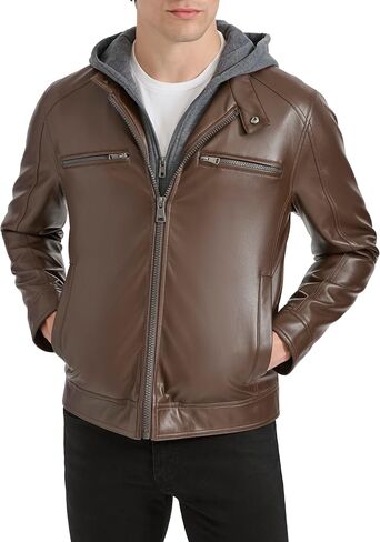 Kenneth Cole Men's Faux Leather Moto with Jersey Attached Hood in Saudi Arabia