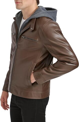 Kenneth Cole Men's Faux Leather Moto with Jersey Attached Hood in Saudi Arabia