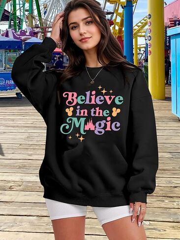 سويت شيرت Magic Kingdom للنساء قميص سحري كبير الحجم لطيف للعطلات تي شيرت بناتي برسومات القلعة وأكمام طويلة in Kuwait
