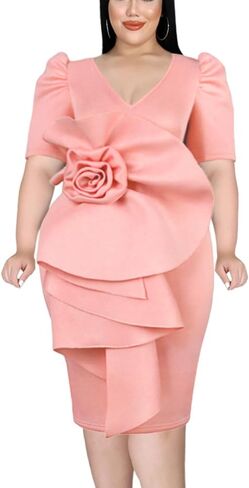 ONTINVA Women V-Neck Flower Short Sleeve Ruffle Formal Party Dress Work Office Cocktail Dresses in Saudi Arabia