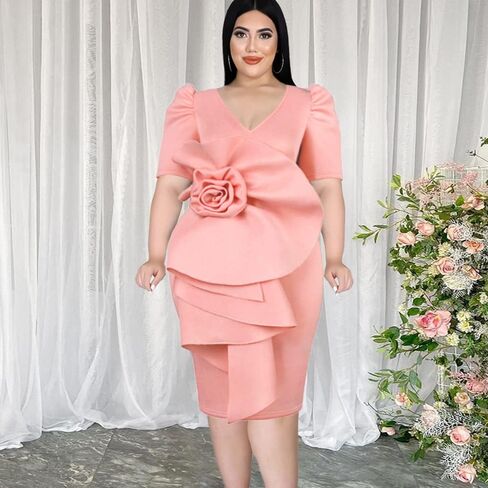 ONTINVA Women V-Neck Flower Short Sleeve Ruffle Formal Party Dress Work Office Cocktail Dresses in Saudi Arabia