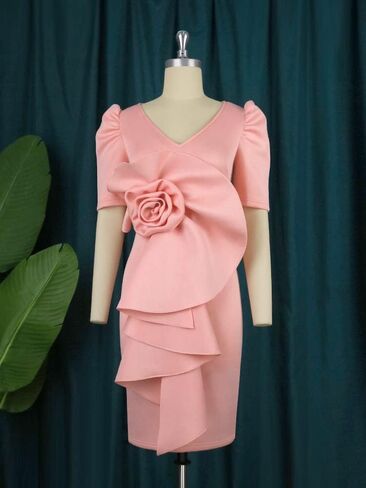 ONTINVA Women V-Neck Flower Short Sleeve Ruffle Formal Party Dress Work Office Cocktail Dresses in Saudi Arabia