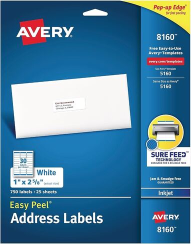 ملصقات عنوان Avery Easy Peel، طابعات نفث الحبر، أبيض، 1 بوصة × 2-5/8 بوصة، صندوق مكون من 750 ملصقًا (08160) in Saudi Arabia