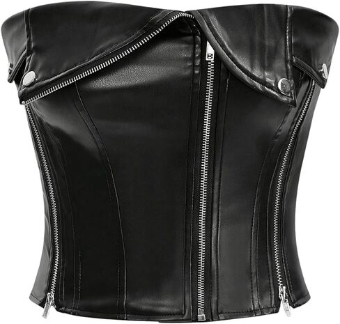SHENHE Women's Tube Top PU Leather Strapless Zip Up Sexy Fitted Summer Crop Tops in Kuwait
