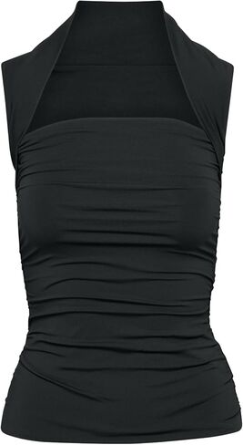 Women's Summer Ruched Square Neck Cami Tank Top Sleeveless Double-Layer Slim Fit Crop Tops in Saudi Arabia
