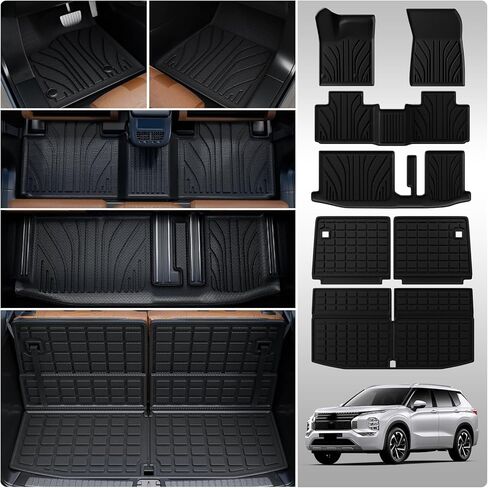 سجادات أرضية متوافقة مع 2022-2024 ميتسوبيشي أوتلاندر 7 مقاعد البضائع حصيرة البضائع بطانة جميع الأحوال الجوية غطاء المقعد الخلفي حامي 2023 أوتلاندر الملحقات (حصيرة صندوق السيارة + سجادات مسند الظهر + سجادات الأرضية) in Kuwait