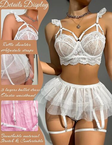 ملابس داخلية مثيرة للنساء من 5 قطع من الدانتيل، تنورة قصيرة عالية الخصر مع ملابس G-String، أبيض S in Kuwait