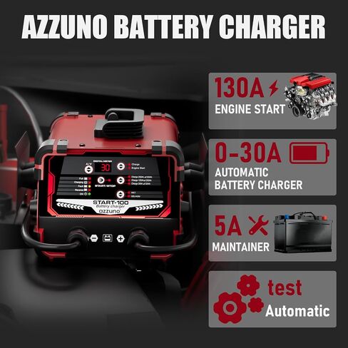 AZZUNO Professional 30-Amp Battery Charger, 12V and 24V Automotive Charger, 130 Cranking Amps, Trickle Charger Smart Battery Maintainer, Ideal for Motorcycle Cars Trucks Marine Batteries and More in Saudi Arabia