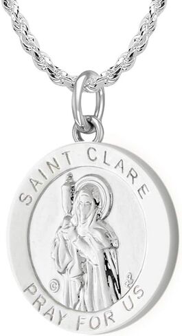 US Jewels and Gems 3/4in 925 Sterling Silver Polished Finish Saint St Clare Medal Pendant Necklace in Saudi Arabia