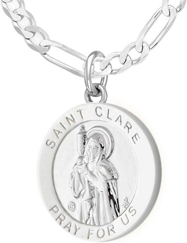 US Jewels and Gems 3/4in 925 Sterling Silver Polished Finish Saint St Clare Medal Pendant Necklace in Saudi Arabia