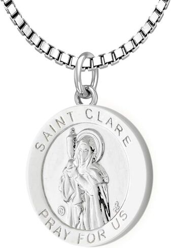 US Jewels and Gems 3/4in 925 Sterling Silver Polished Finish Saint St Clare Medal Pendant Necklace in Saudi Arabia
