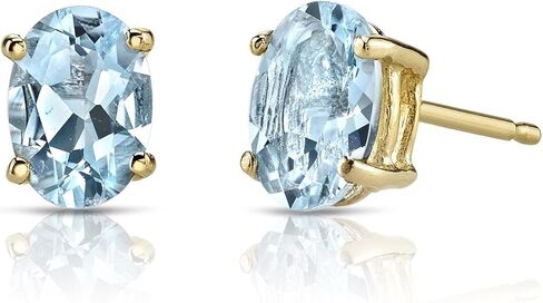 Peora Solid 14K Yellow Gold Aquamarine Earrings for Women, Genuine Gemstone Solitaire Studs, Hypoallergenic 7x5mm Oval Shape, 1.25 Carats total, Friction Back, Blue Aquamarine Jewelry, Jewelry Gift in Saudi Arabia